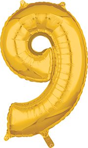 Number 9 Gold 26 inch helium shape by Anagram.