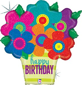Happy Birthday Button Flowers Holographic helium shape balloon by Betallic.