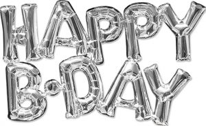 Happy BdayConsumer Inflated Phrase balloon in silver by Anagram.