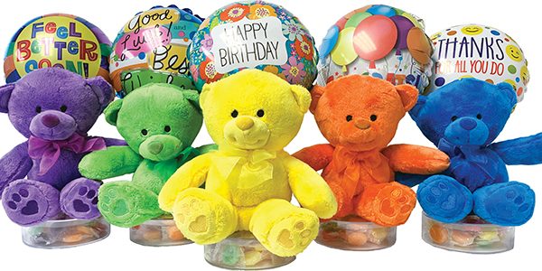 6 inch Rainbow Bear Candyloon Dish with Mixed Candy and 9 inch Balloon 12/pk