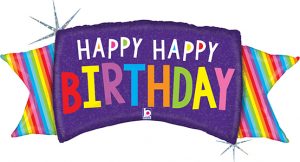 Rainbow Happy Birthday Banner Holographic helium shape balloon by Betallic.